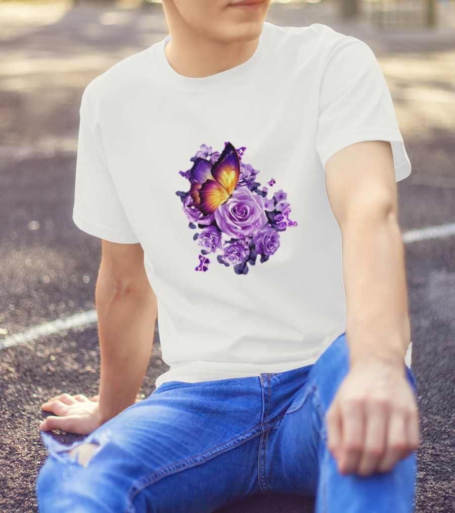 Butterfly Purple Rose Blossoms Floral Arrangement T-Shirt