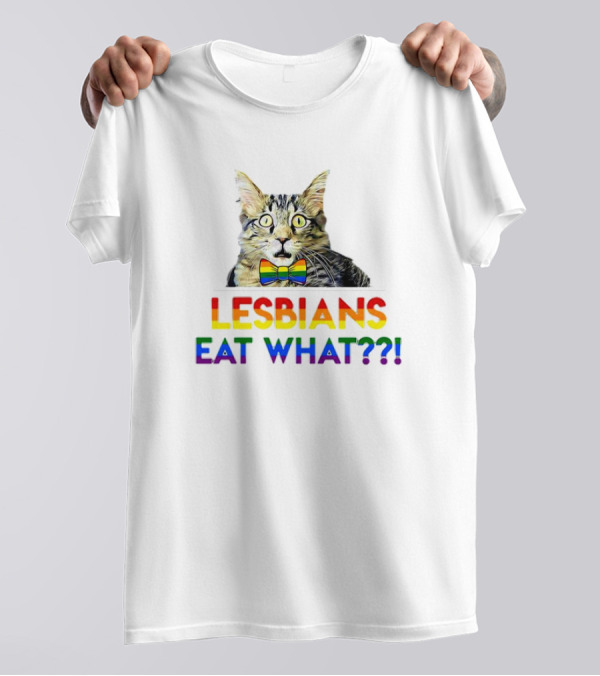 Lesbians Eat What Cat With Rainbow Bow Tie T-Shirt