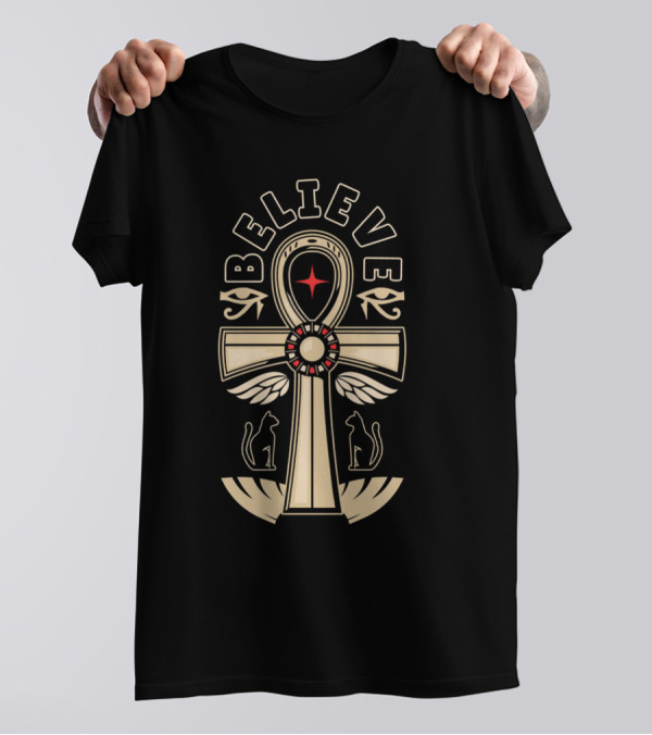 Believe Ankh Symbol With Wings And Cats T-Shirt