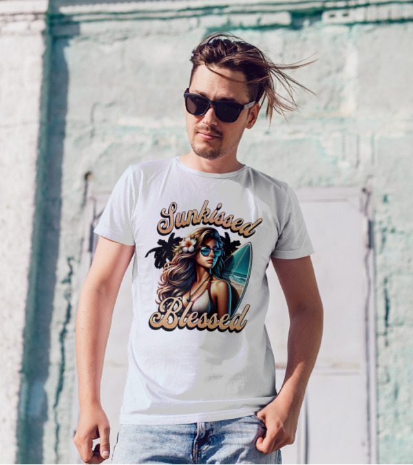 Sunkissed Blessed Surfer Girl In Sunglasses With Surfboard And Flower In Hair T-Shirt