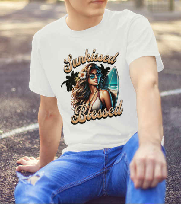 Sunkissed Blessed Surfer Girl In Sunglasses With Surfboard And Flower In Hair T-Shirt