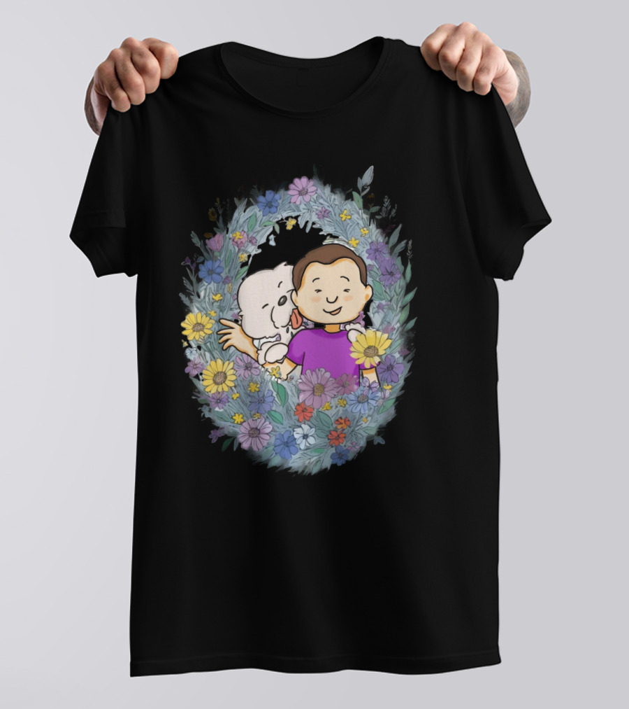 Dog Dad With Child And Dog Surrounded By Floral Wreath T-Shirt