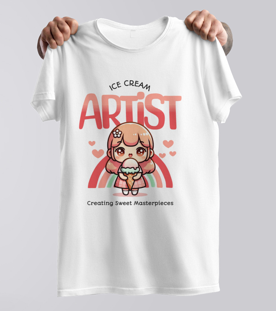 Ice Cream Artist Creating Sweet Masterpieces Kawaii Girl With Hearts And Rainbow T-Shirt