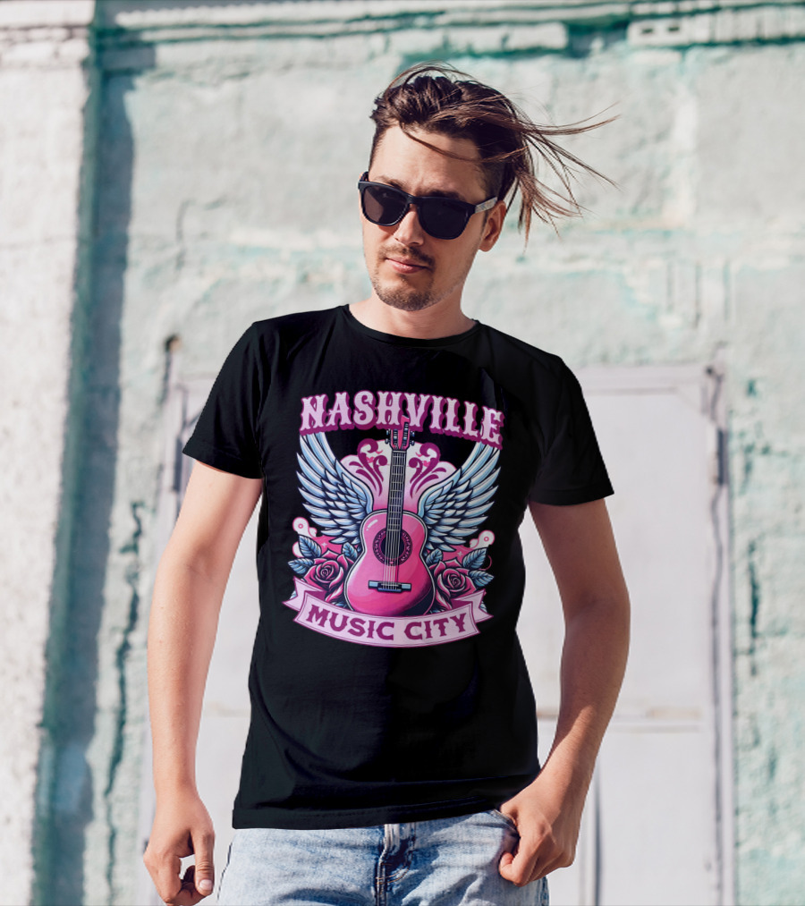 Nashville Music City Pink Guitar Wings Roses T-Shirt