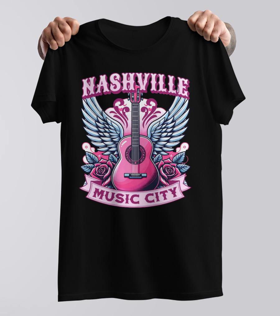 Nashville Music City Pink Guitar Wings Roses T-Shirt