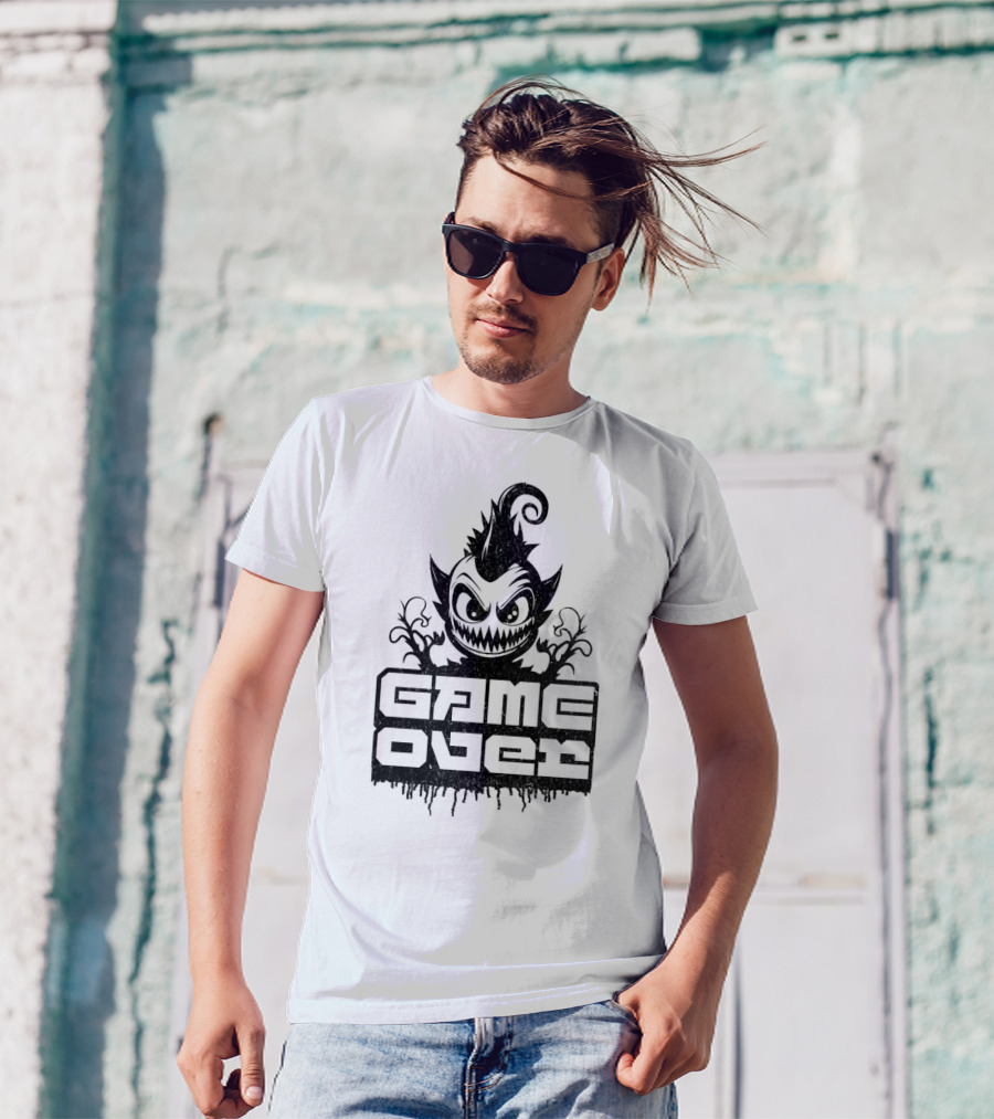 GAME OVER Creepy Monster Icon With Sharp Teeth And Spiky Hair T-Shirt