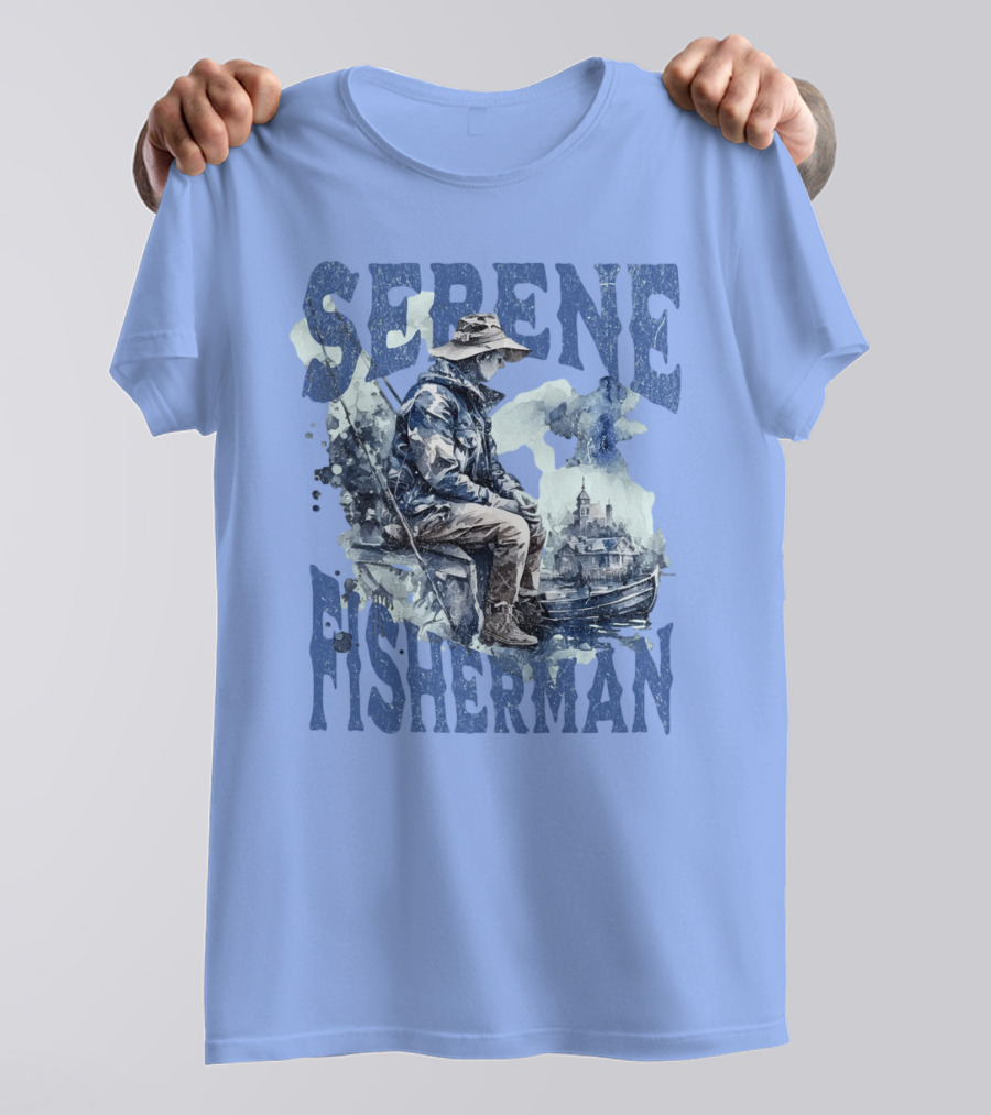 Serene Fisherman In Tranquil Lakeside Town With Boat And Reflection T-Shirt
