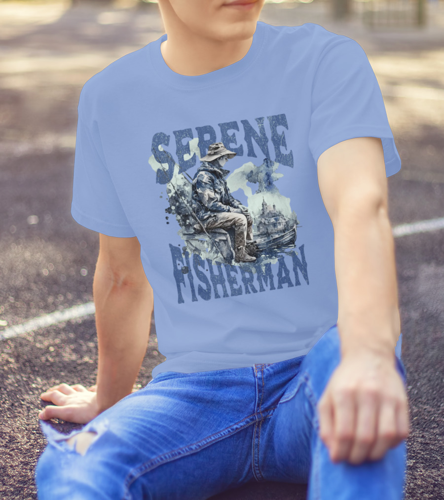 Serene Fisherman In Tranquil Lakeside Town With Boat And Reflection T-Shirt