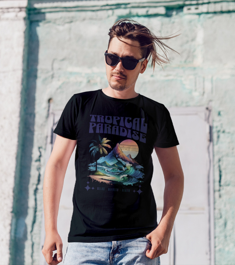 Tropical Paradise Palm Waves Island Horizon Sunset T-Shirt