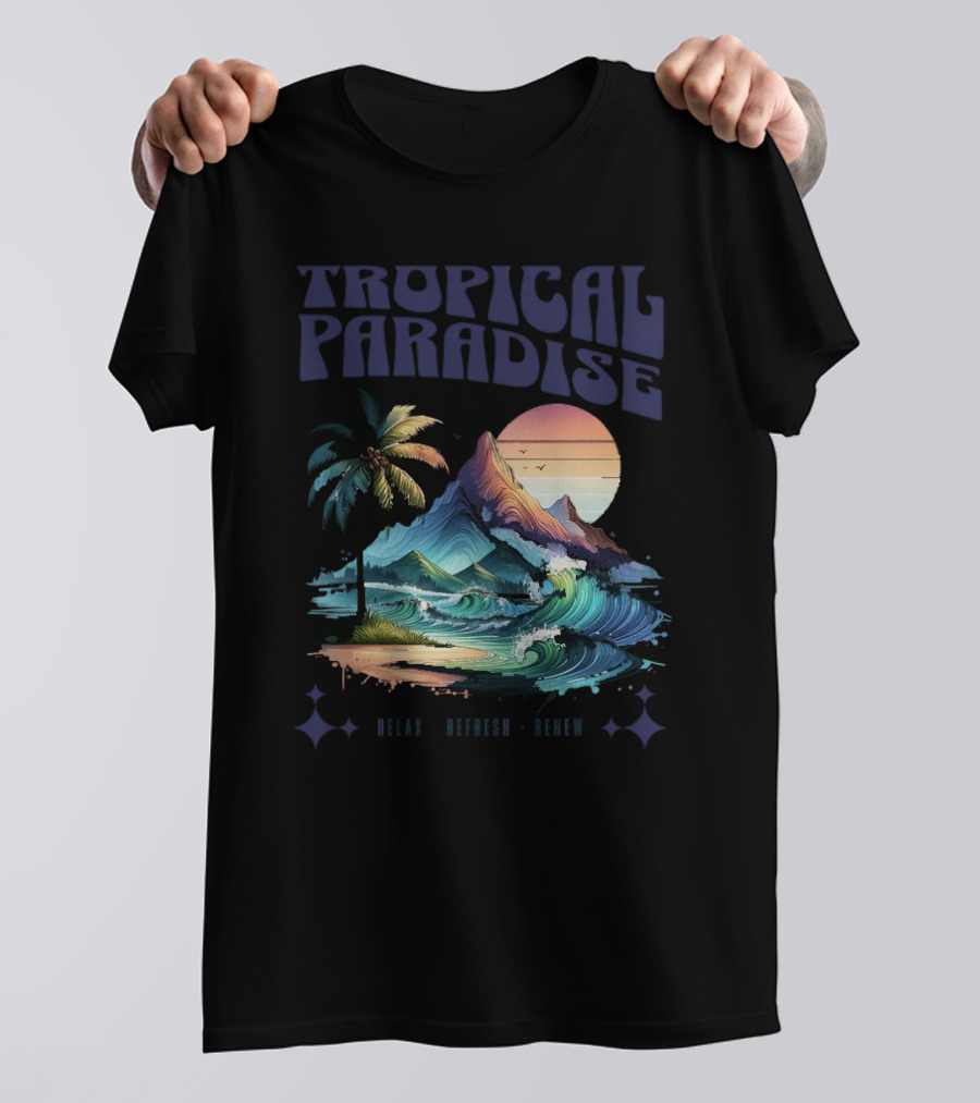 Tropical Paradise Palm Waves Island Horizon Sunset T-Shirt