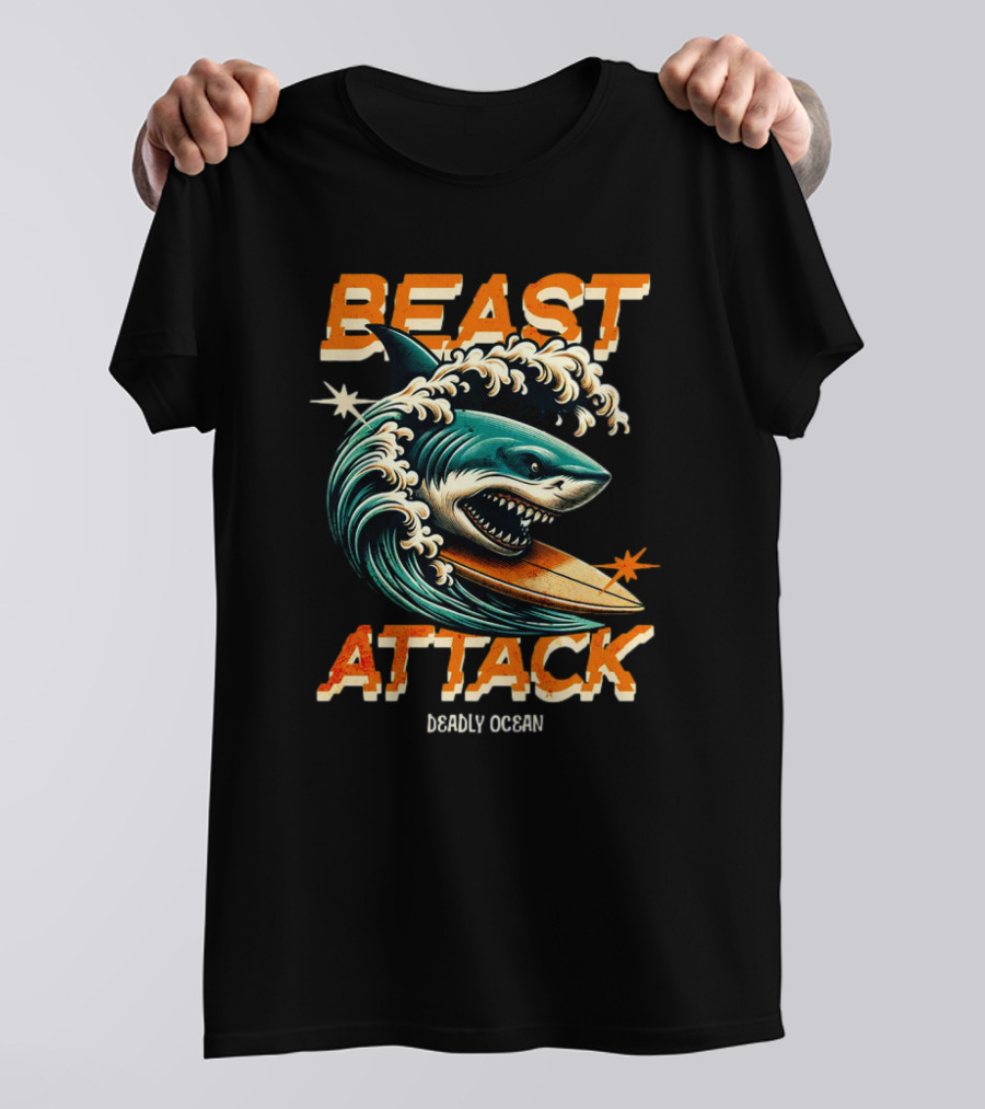 Beast Attack Deadly Ocean Shark Wave Surfboard T-Shirt
