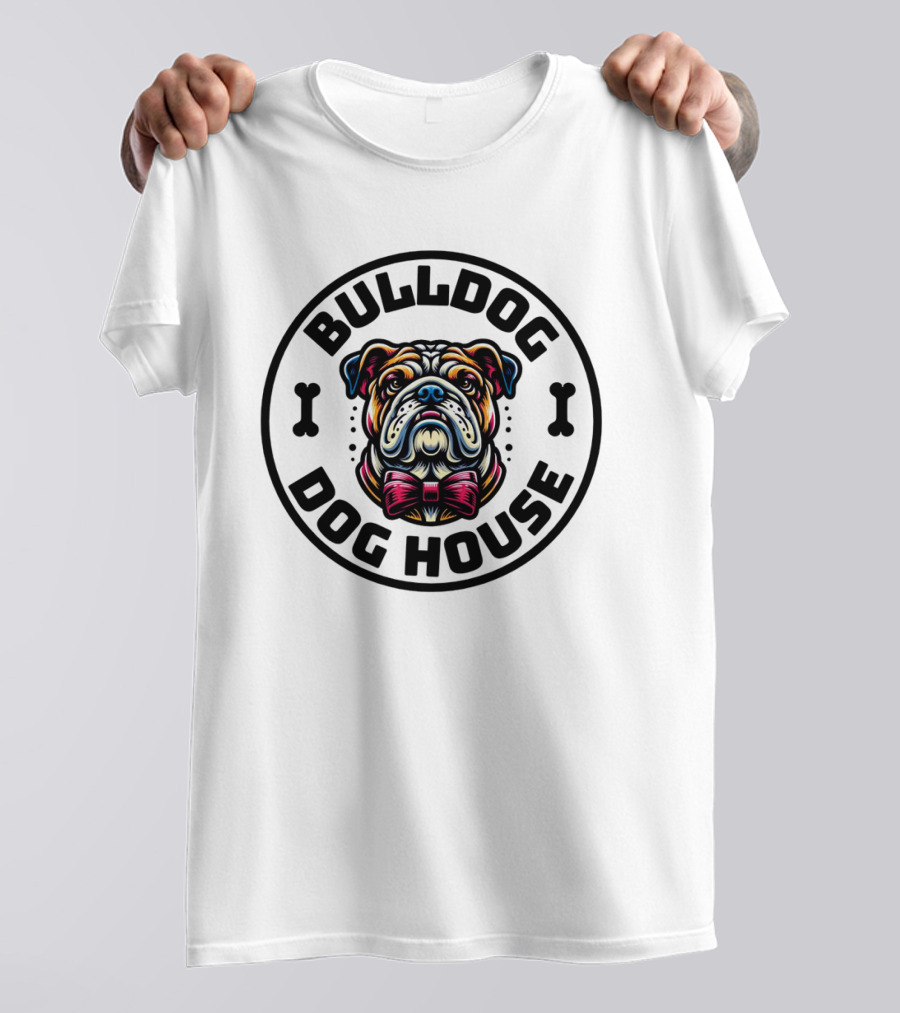 BULLDOG DOG HOUSE Bow Tie Dog Bone Circle T-Shirt
