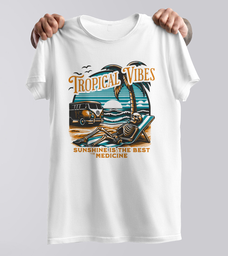 Tropical Vibes Sunshine Is The Best Medicine Skeleton Beach Van Sunset Scene T-Shirt