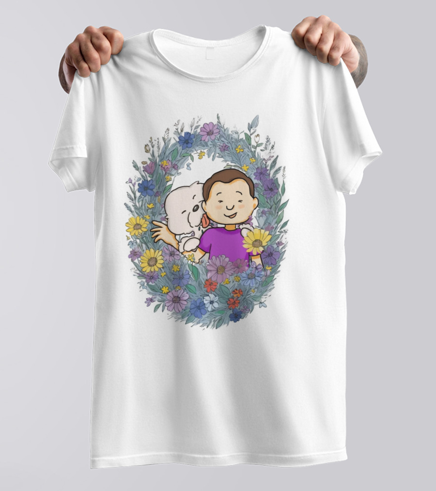 Dog Dad Cartoon Embrace In Floral Frame T-Shirt
