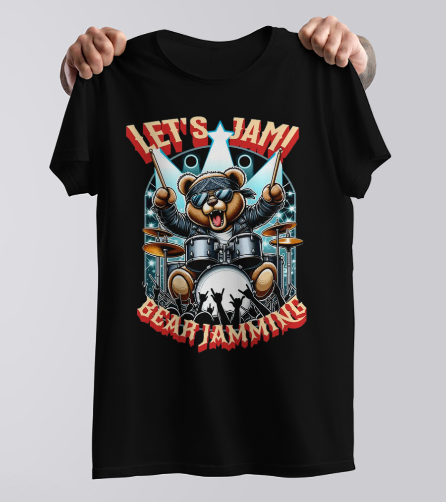 Let's Jam Bear Jamming Rock Drummer Concert Stage Electric Bear T-Shirt