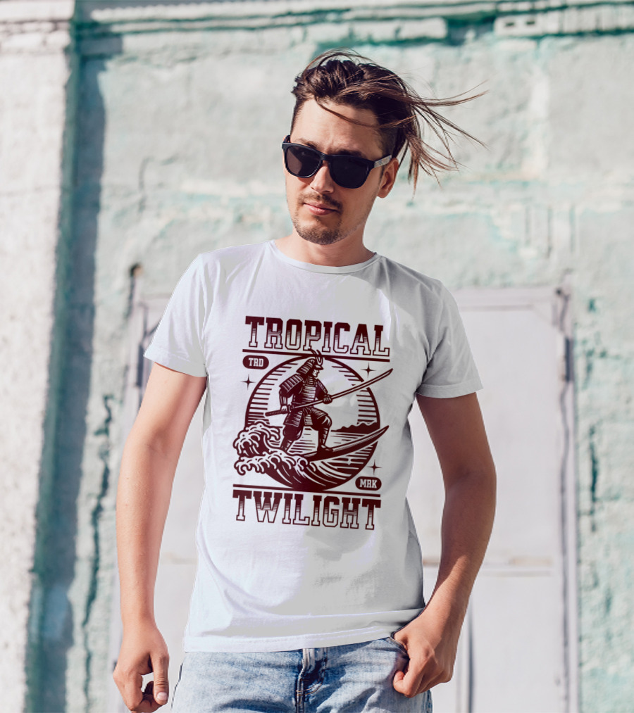 Tropical Twilight Surfing Samurai On Waves In Sunset Scene With TRD MRK T-Shirt