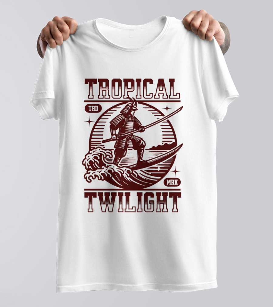 Tropical Twilight Surfing Samurai On Waves In Sunset Scene With TRD MRK T-Shirt