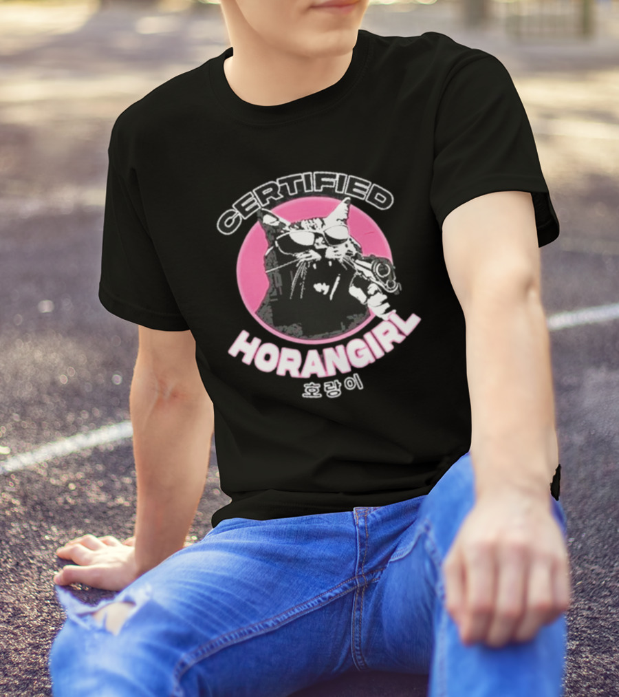 Certified Horangirl 호랑이 Cat With Sunglasses And Toy Gun In Pink Circle T-Shirt
