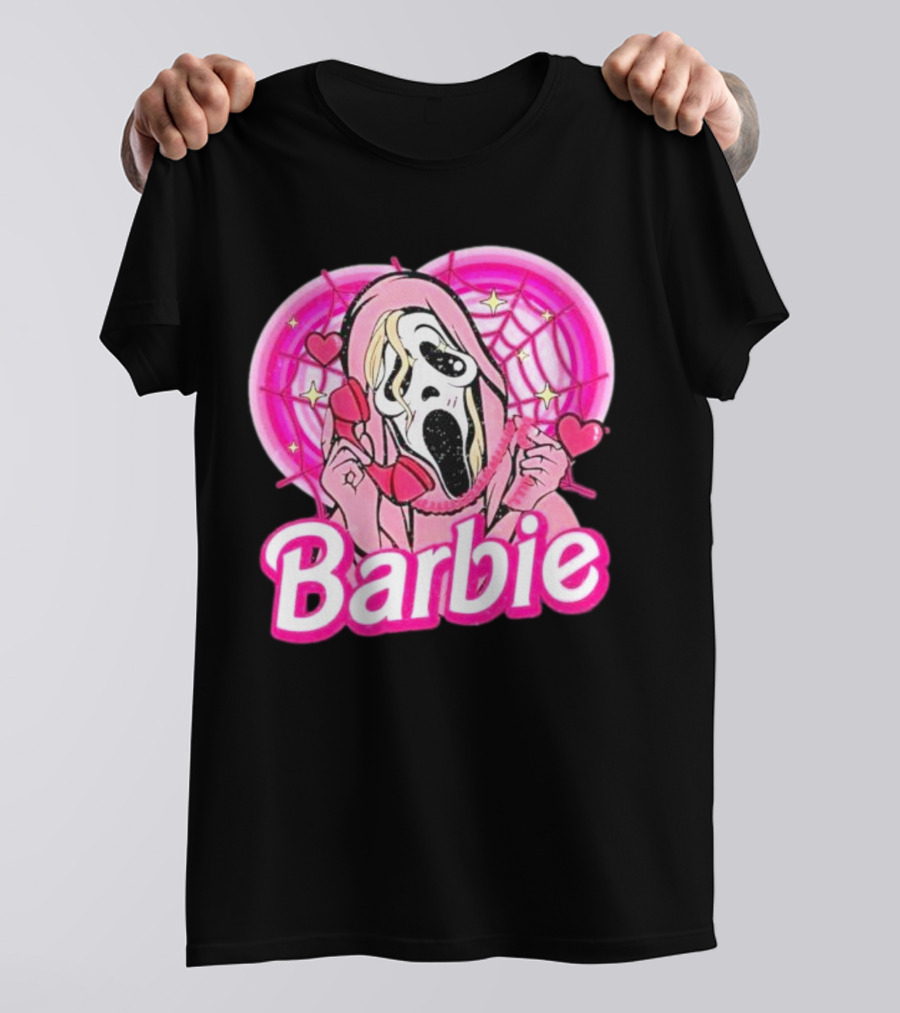 Barbie Horror Doll Ghost Face With Hearts And Pink Spiderwebs T-Shirt