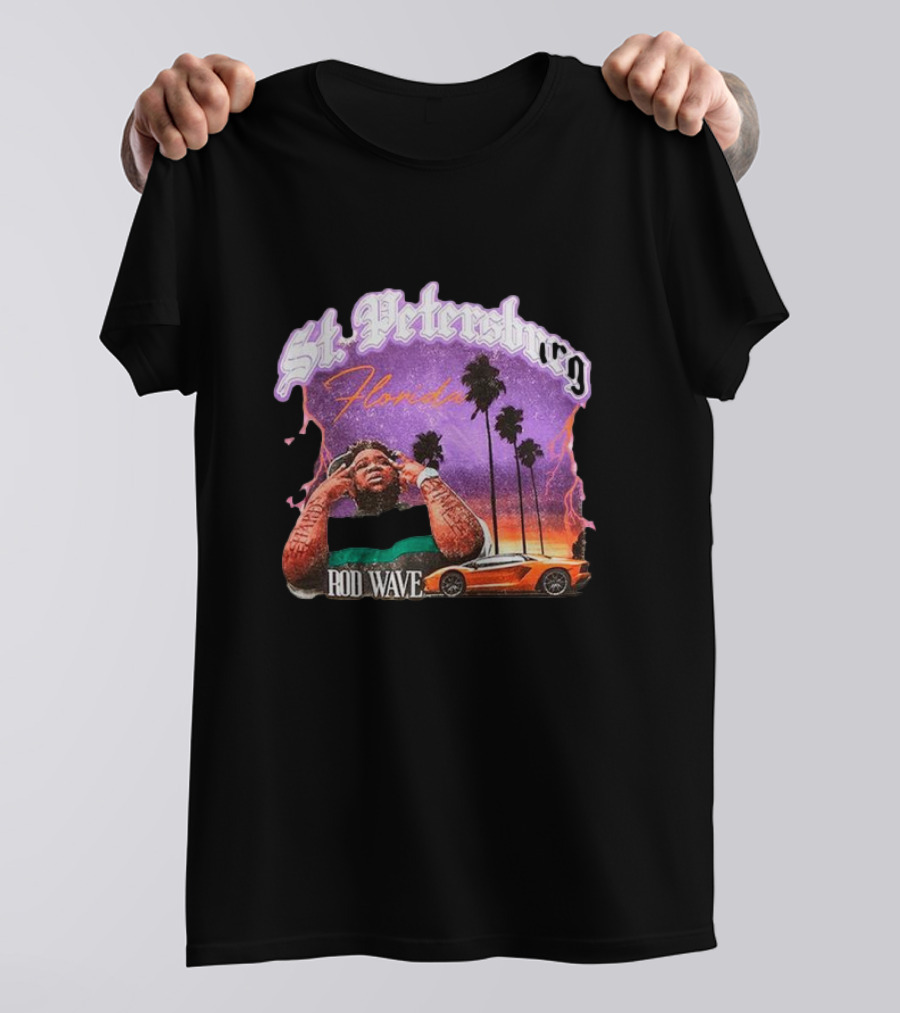St. Petersburg Florida Rod Wave Purple Sunset Orange Car Palm Trees T-Shirt
