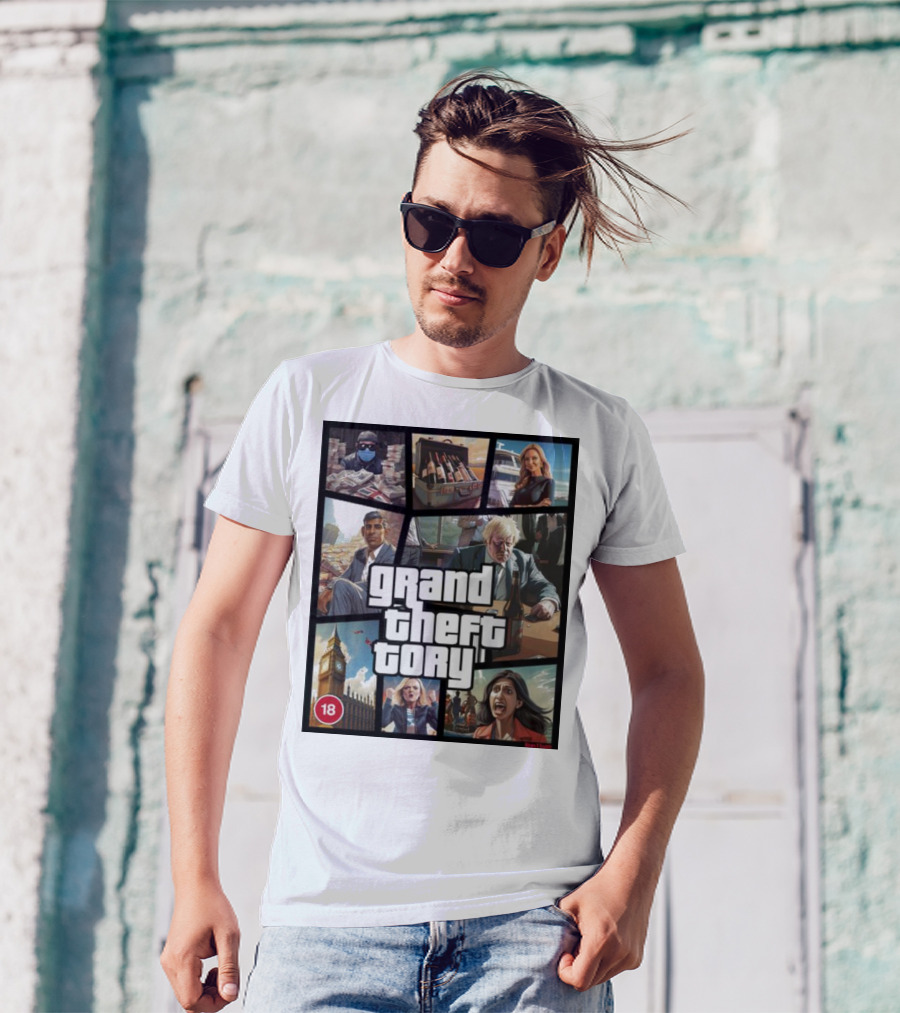 Grand Theft Tory GTA Big Ben Crime Drama 18+ Rating T-Shirt