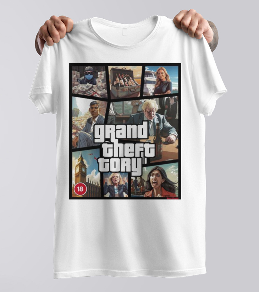 Grand Theft Tory GTA Big Ben Crime Drama 18+ Rating T-Shirt