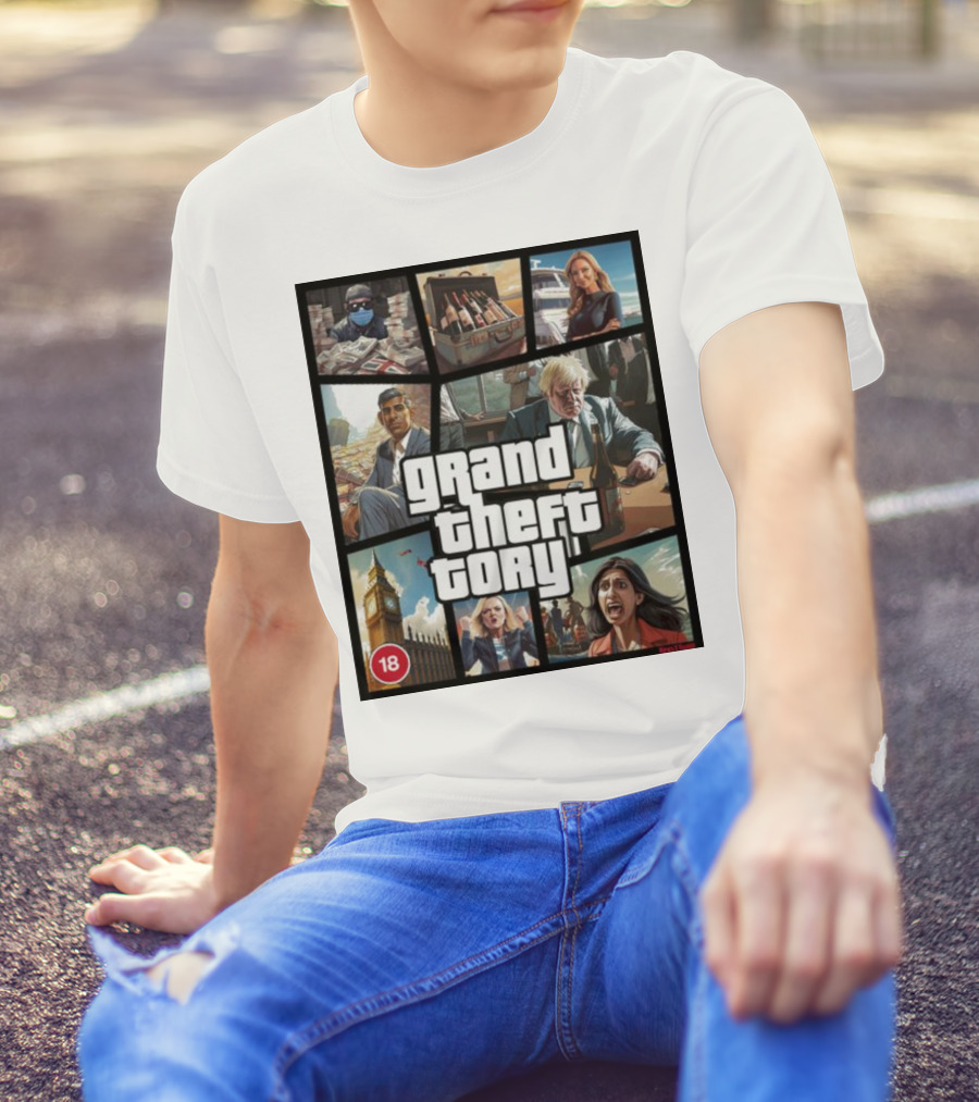 Grand Theft Tory GTA Big Ben Crime Drama 18+ Rating T-Shirt
