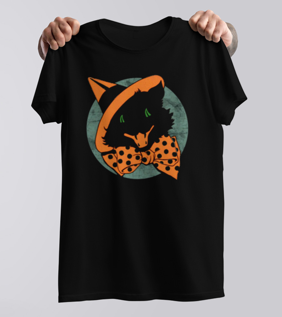 Vintage Halloween Black Cat Witch Hat Polka Dot Bowtie T-Shirt