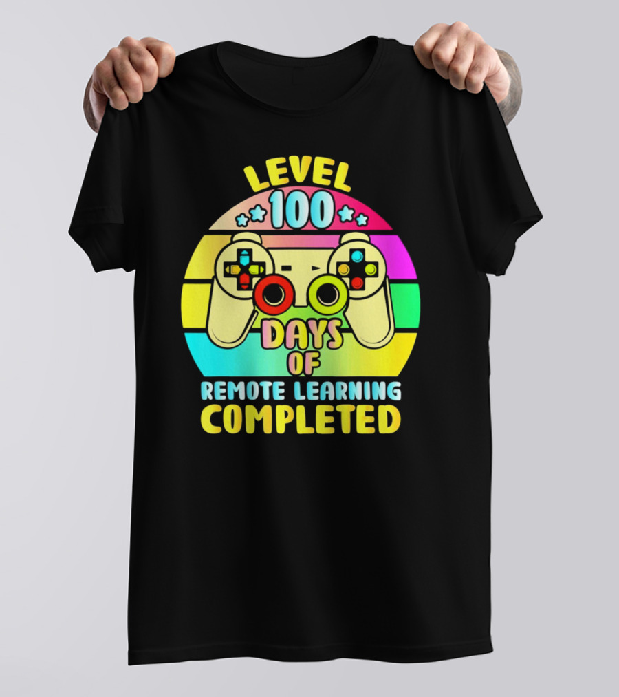 Level 100 Remote Learning Completed Vintage Gaming Controller Retro Rainbow T-Shirt
