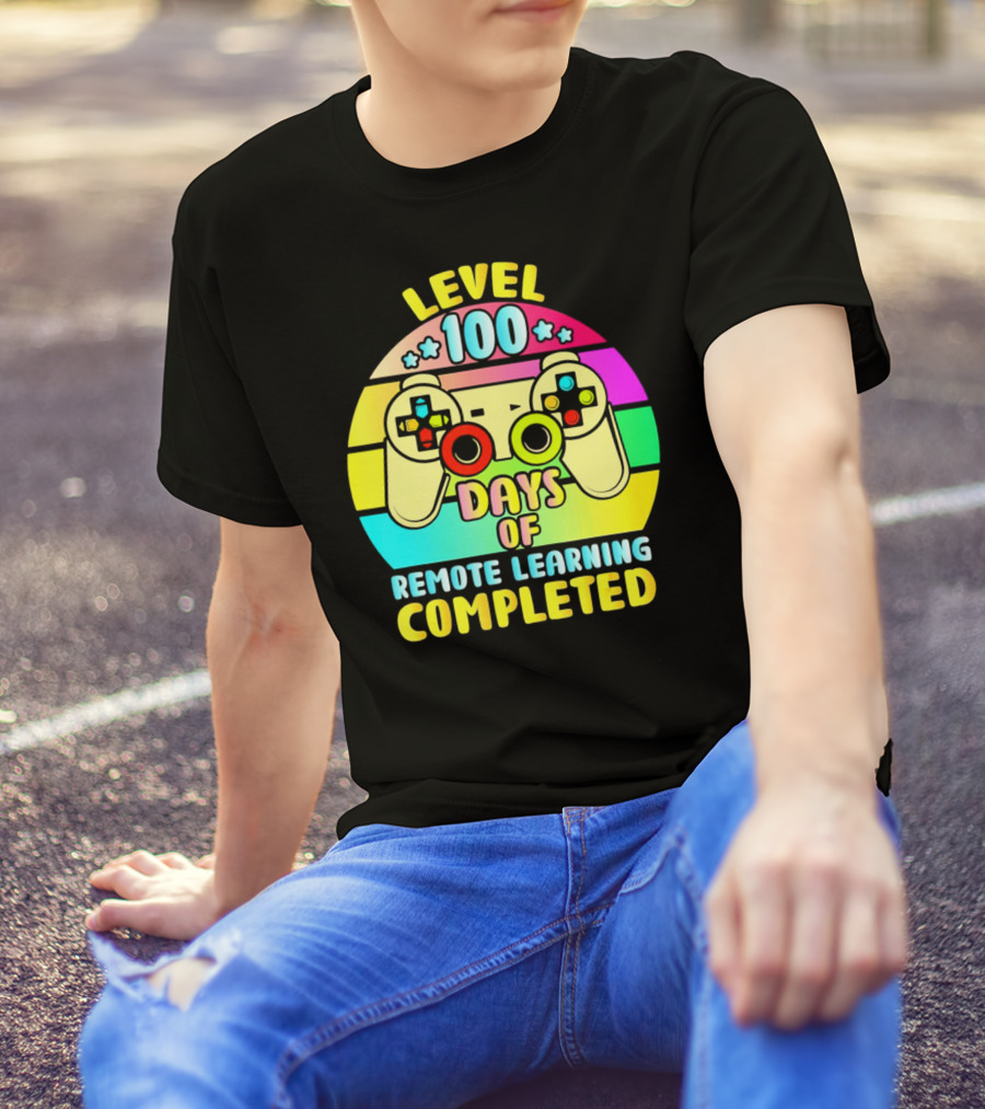 Level 100 Remote Learning Completed Vintage Gaming Controller Retro Rainbow T-Shirt