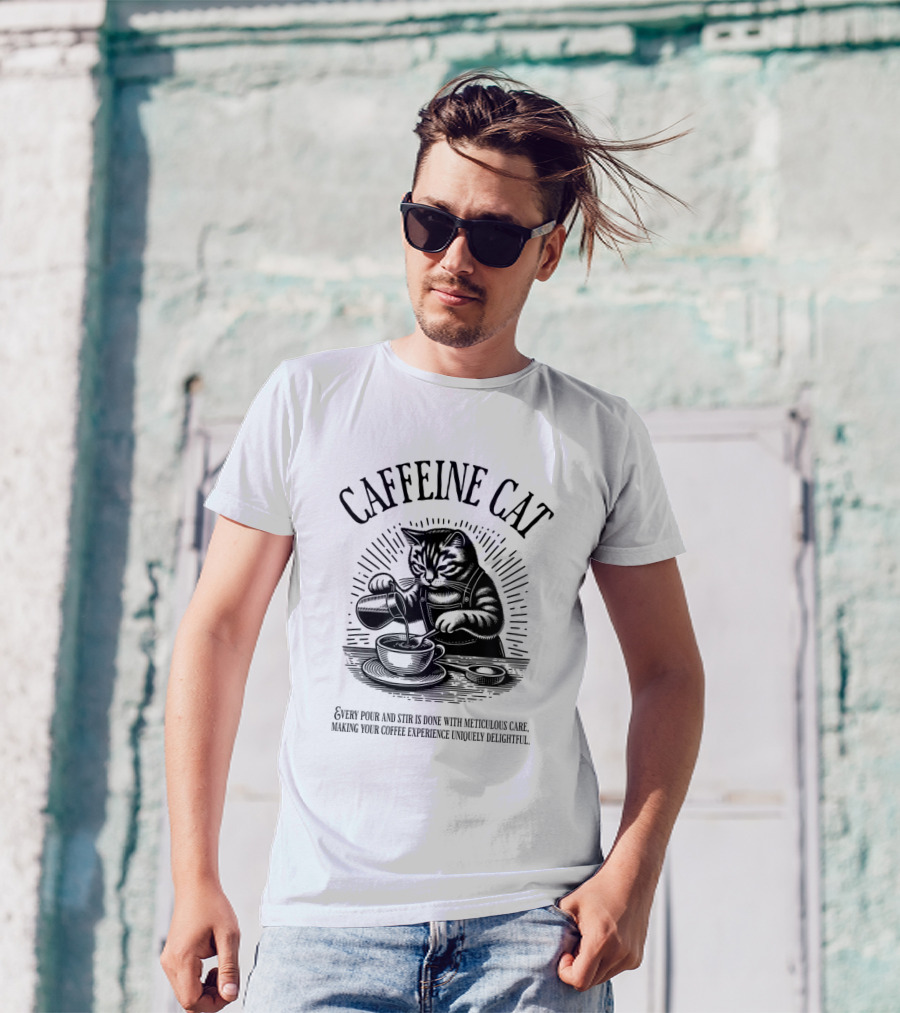 CAFFEINE CAT EVERY POUR AND STIR IS DONE WITH METICULOUS CARE MAKING YOUR COFFEE EXPERIENCE UNIQUELY DELIGHTFUL T-Shirt