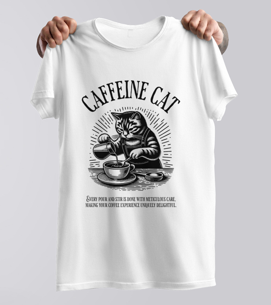 CAFFEINE CAT EVERY POUR AND STIR IS DONE WITH METICULOUS CARE MAKING YOUR COFFEE EXPERIENCE UNIQUELY DELIGHTFUL T-Shirt