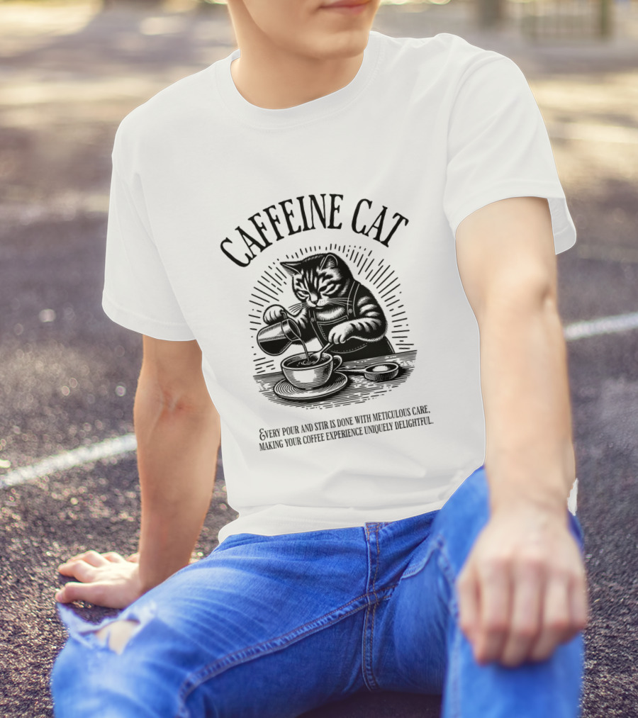 CAFFEINE CAT EVERY POUR AND STIR IS DONE WITH METICULOUS CARE MAKING YOUR COFFEE EXPERIENCE UNIQUELY DELIGHTFUL T-Shirt