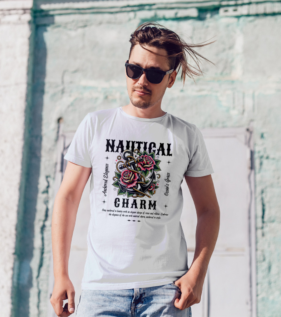 Nautical Charm Anchored Elegance Ocean's Grace Rose Ribbon T-Shirt