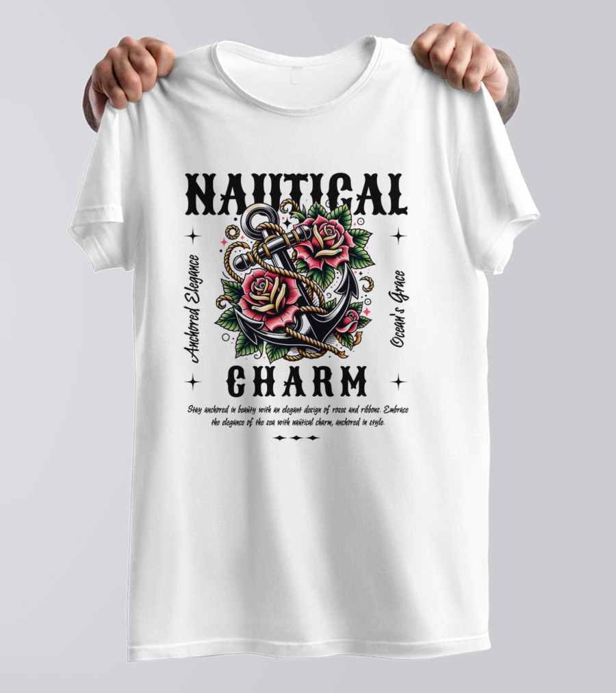 Nautical Charm Anchored Elegance Ocean's Grace Rose Ribbon T-Shirt