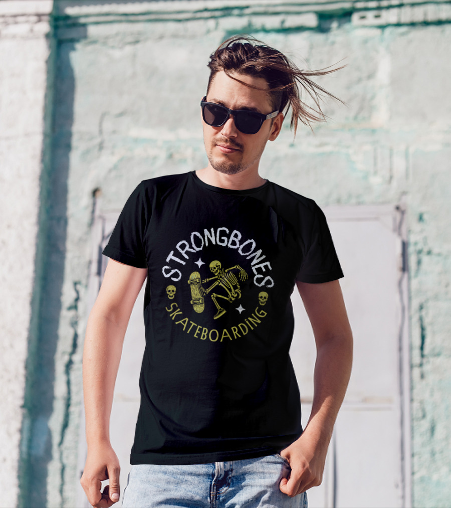 Strongbones Skateboarding Skeleton With Skull Accents T-Shirt