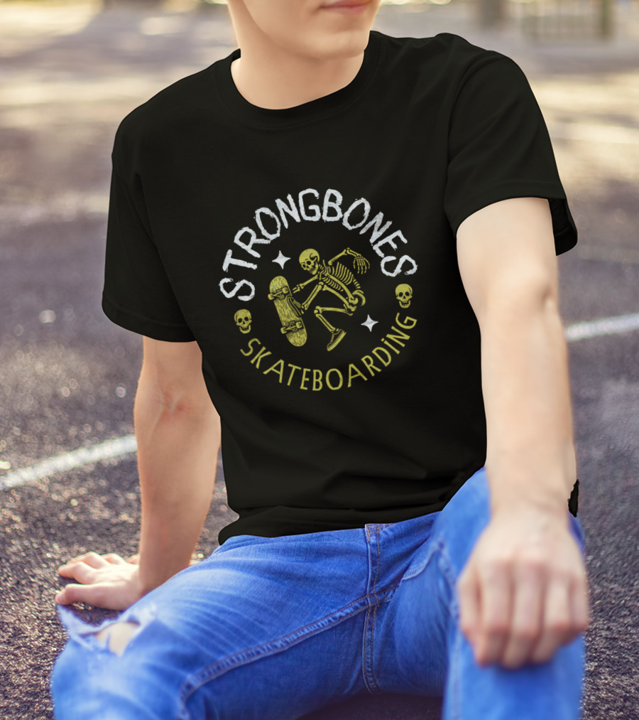 Strongbones Skateboarding Skeleton With Skull Accents T-Shirt