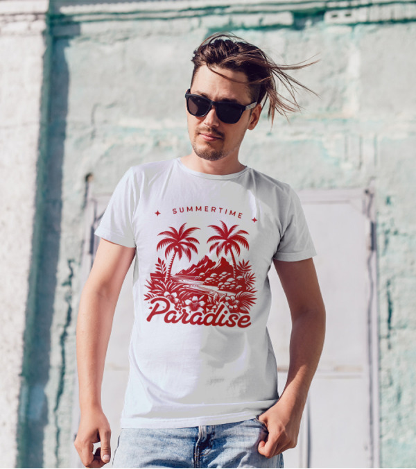 Summertime Paradise Palm Trees And Mountains Landscape T-Shirt