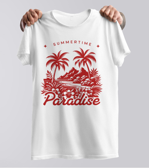 Summertime Paradise Palm Trees And Mountains Landscape T-Shirt