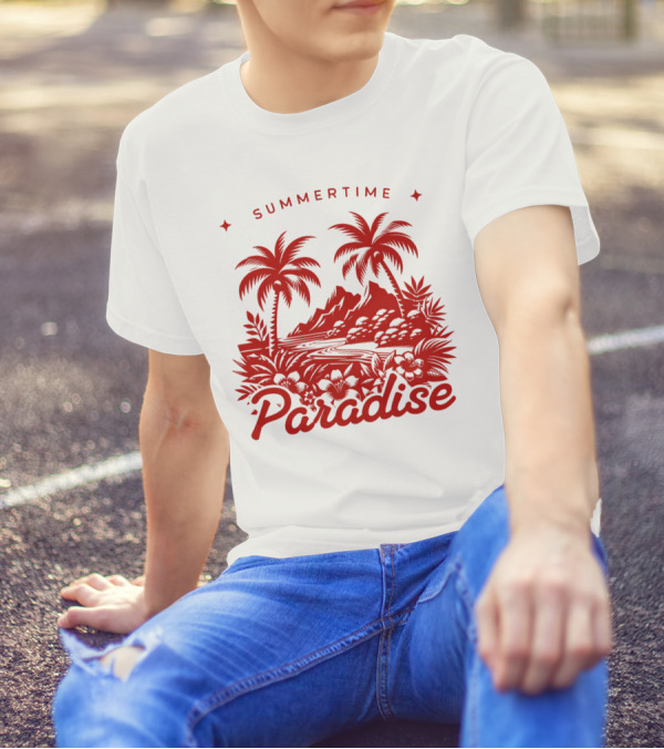 Summertime Paradise Palm Trees And Mountains Landscape T-Shirt
