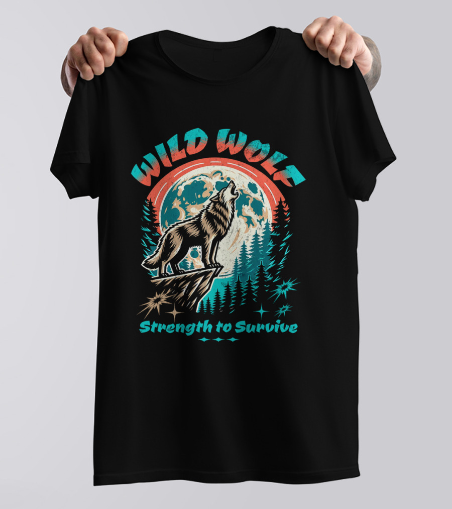 WILD WOLF Strength To Survive Full Moon Forest Scene T-Shirt