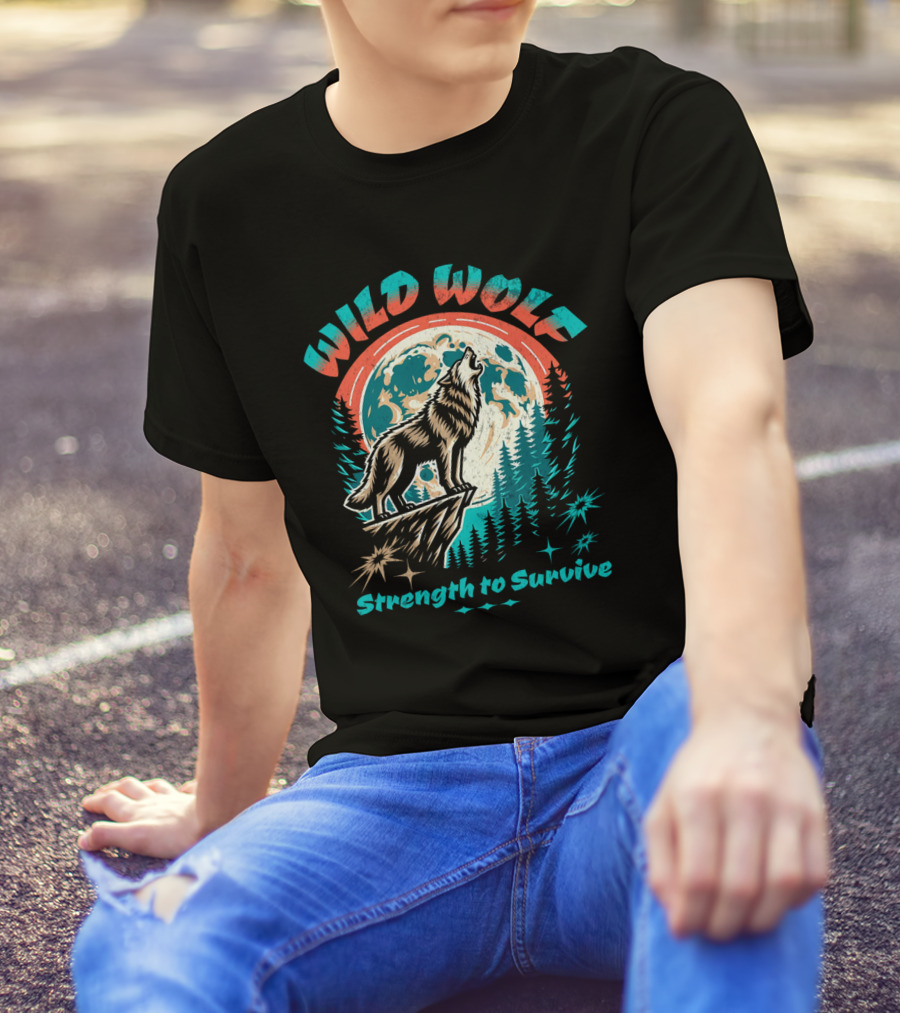 WILD WOLF Strength To Survive Full Moon Forest Scene T-Shirt