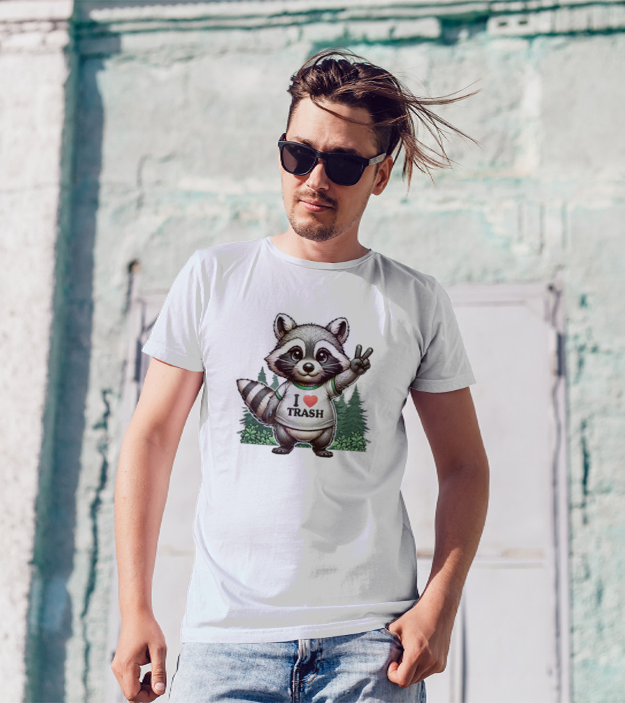 I Heart Trash Raccoon Peace Sign Forest Background T-Shirt