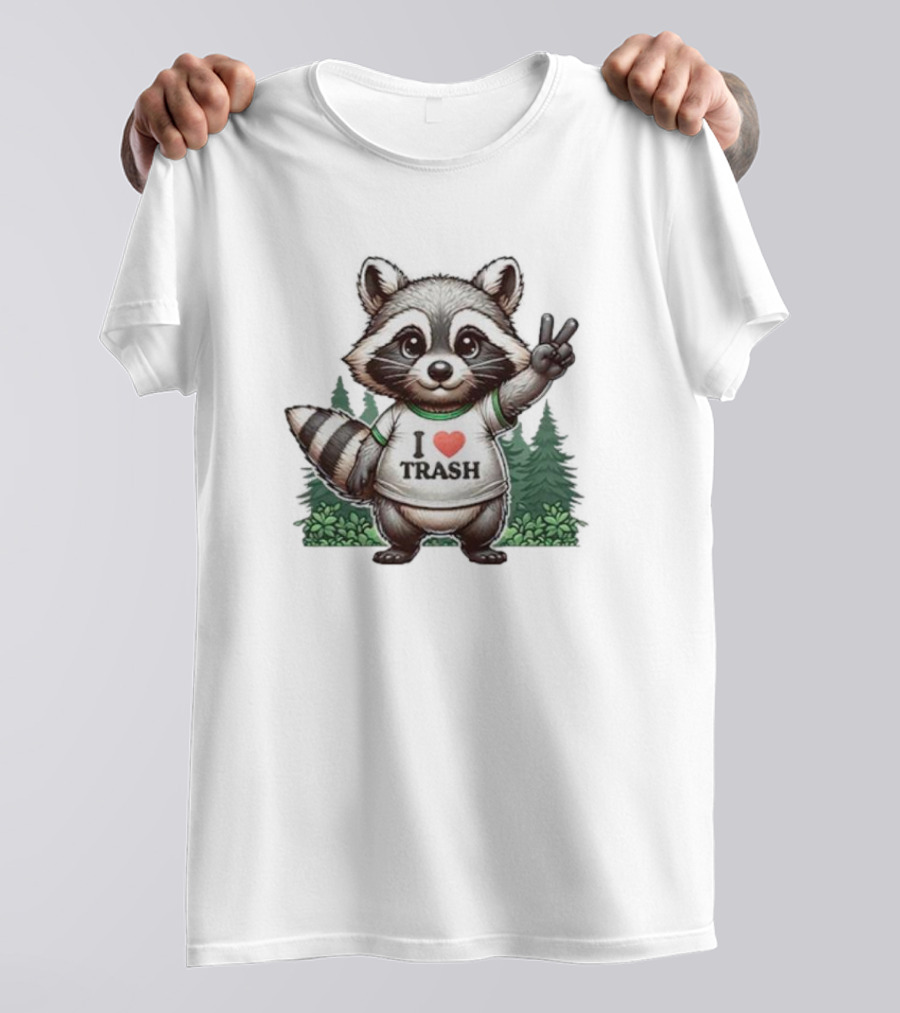 I Heart Trash Raccoon Peace Sign Forest Background T-Shirt