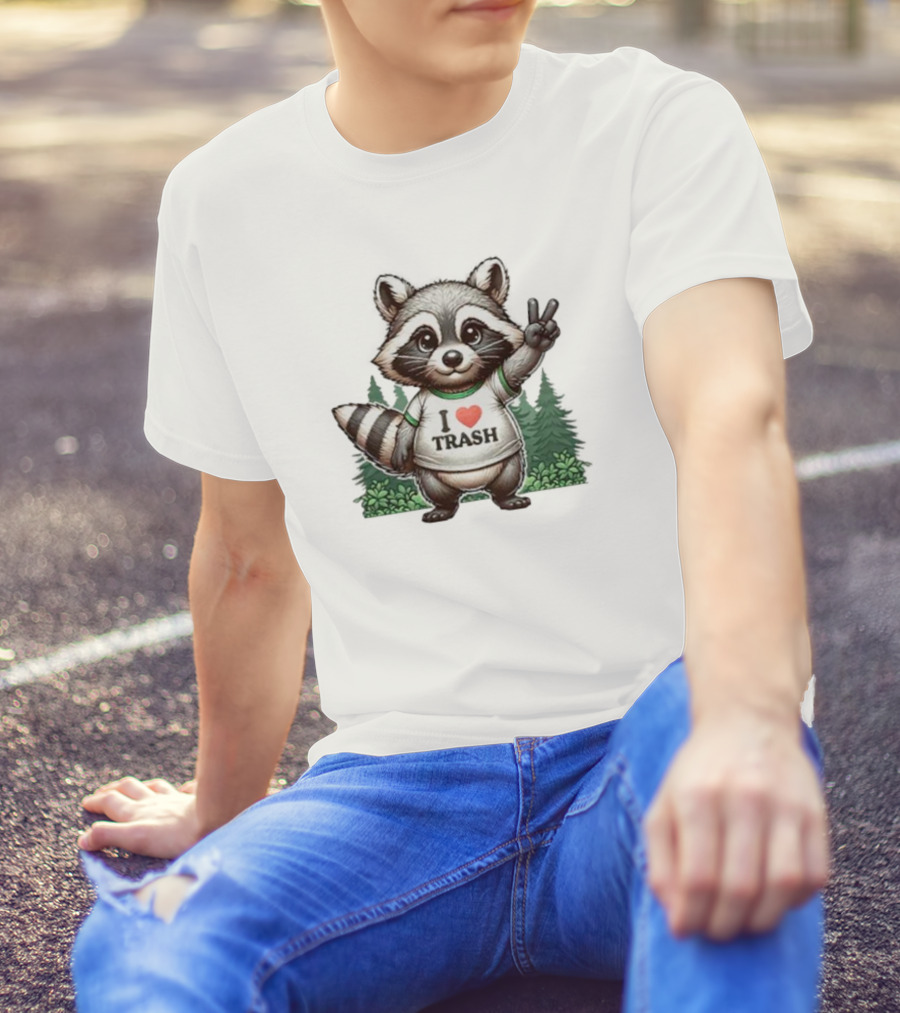 I Heart Trash Raccoon Peace Sign Forest Background T-Shirt