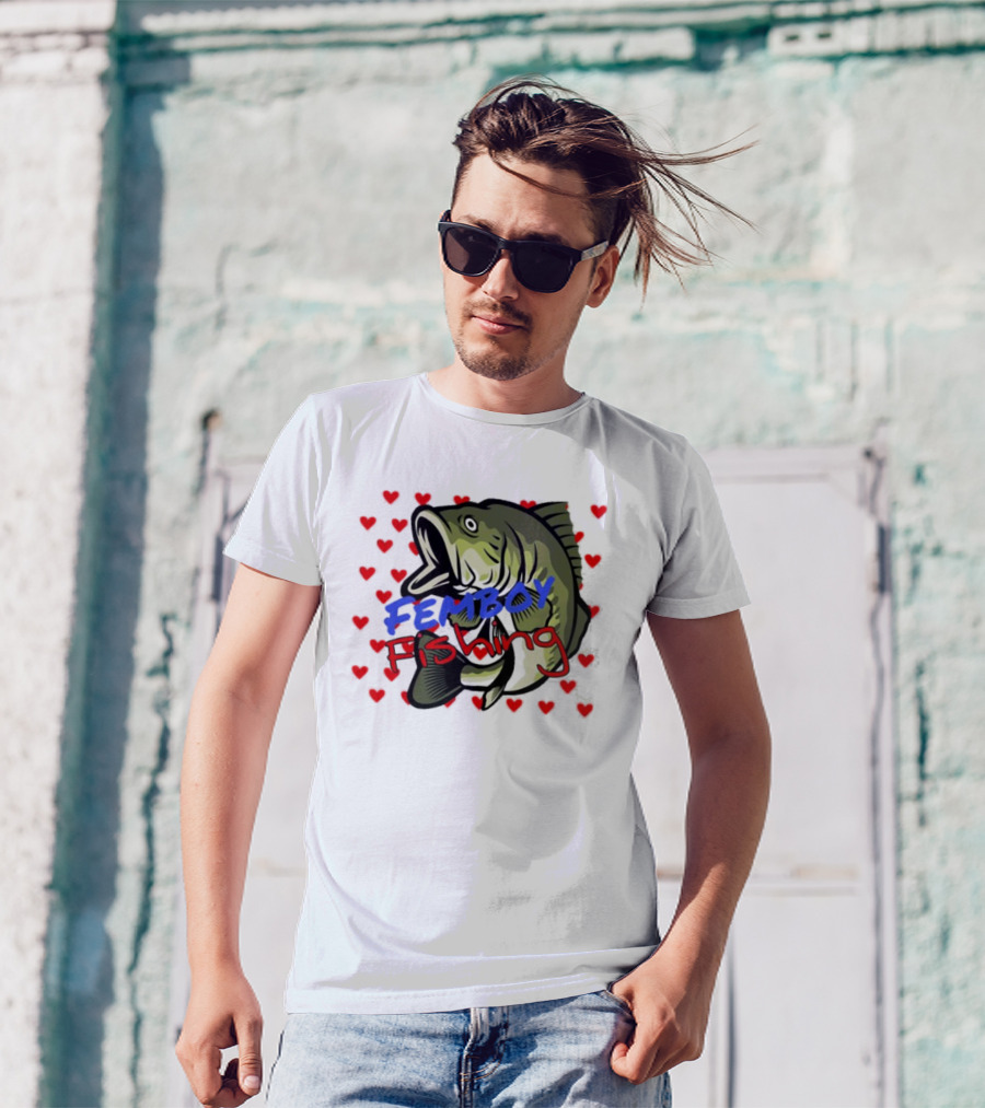 Femboy Fishing With Heart Pattern And Big Mouth Bass T-Shirt