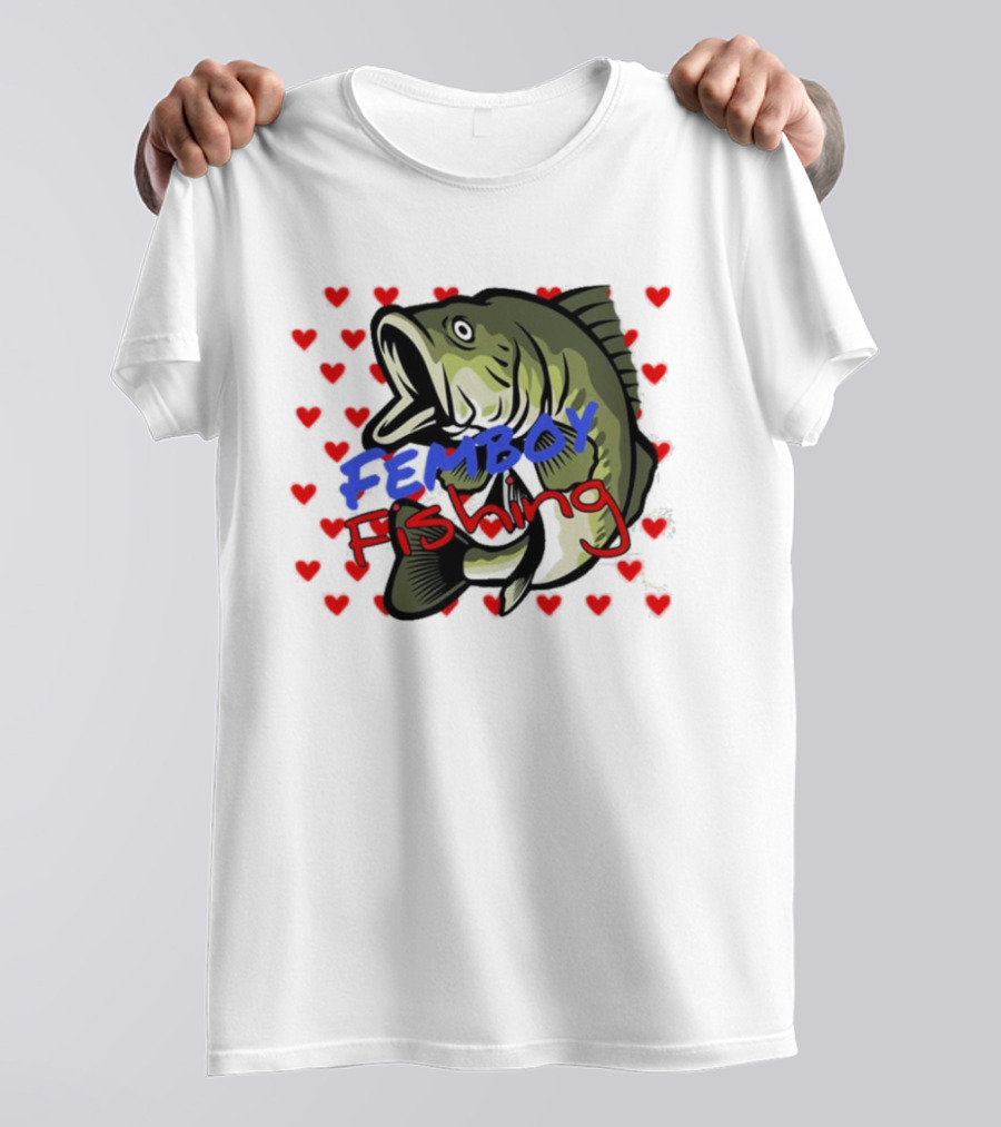 Femboy Fishing With Heart Pattern And Big Mouth Bass T-Shirt