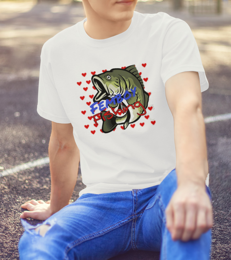 Femboy Fishing With Heart Pattern And Big Mouth Bass T-Shirt