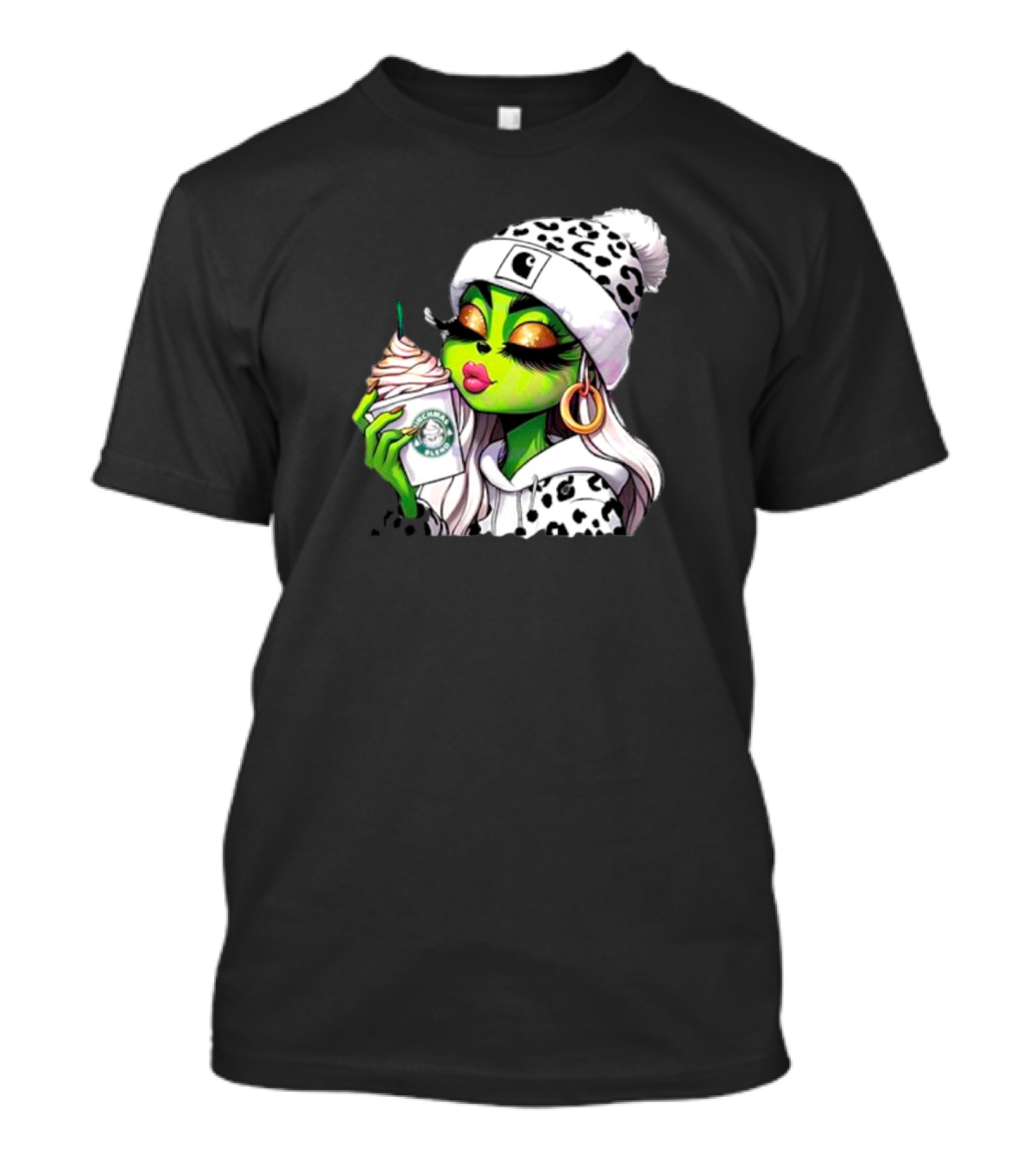 Grinchmas Blend Leopard Girl With Winter Leopard Beanie And Coffee Cup T-Shirt