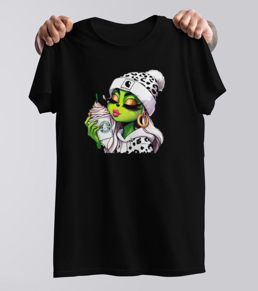 Grinchmas Blend Leopard Girl With Winter Leopard Beanie And Coffee Cup T-Shirt